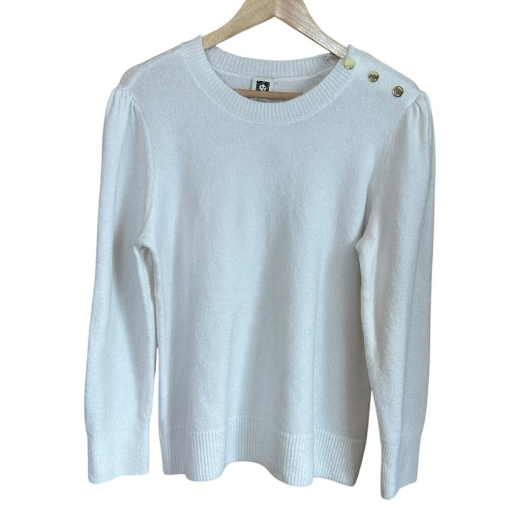 NWT Anne Klein Puff Sleeve White Crewneck Side Button Sweater Sz M
